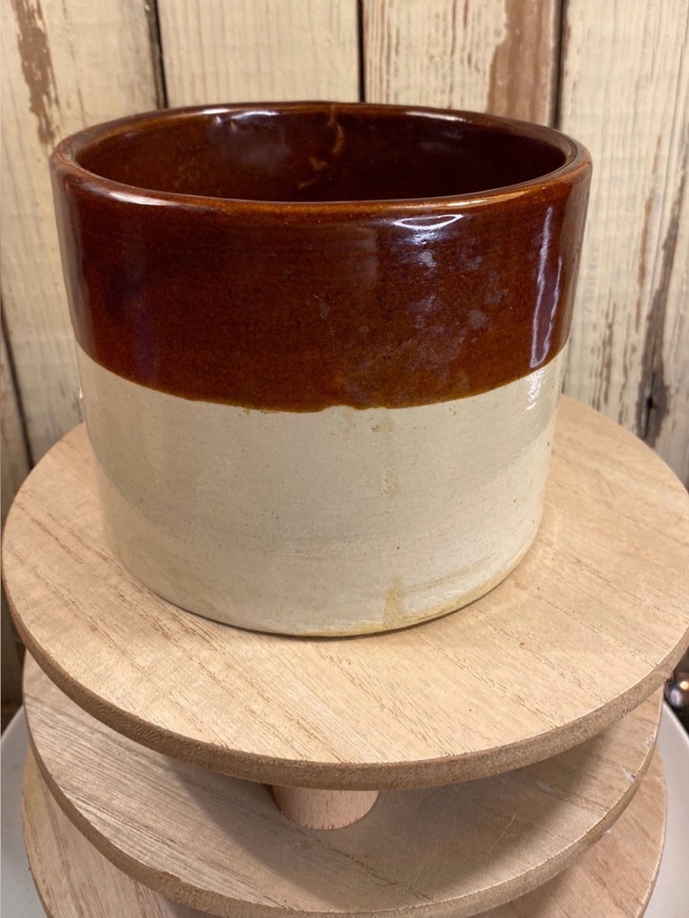 Vintage Two Tone Brown & Cream Crock Unmarked